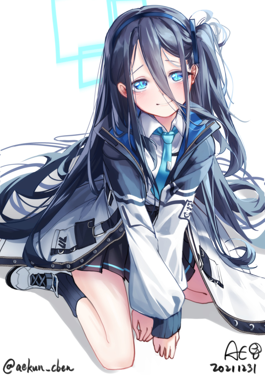 1girl absurdly_long_hair aekun_cben arisu_(blue_archive) bangs black_hair black_socks blue_archive blue_eyes collared_shirt commentary_request from_above hair_between_eyes hair_ornament halo highres hooded_coat long_hair long_sleeves looking_at_viewer looking_up necktie one_side_up pleated_skirt pocket school_uniform shirt shoes sidelocks signature simple_background sitting skirt smile sneakers socks solo twitter_username very_long_hair wariza