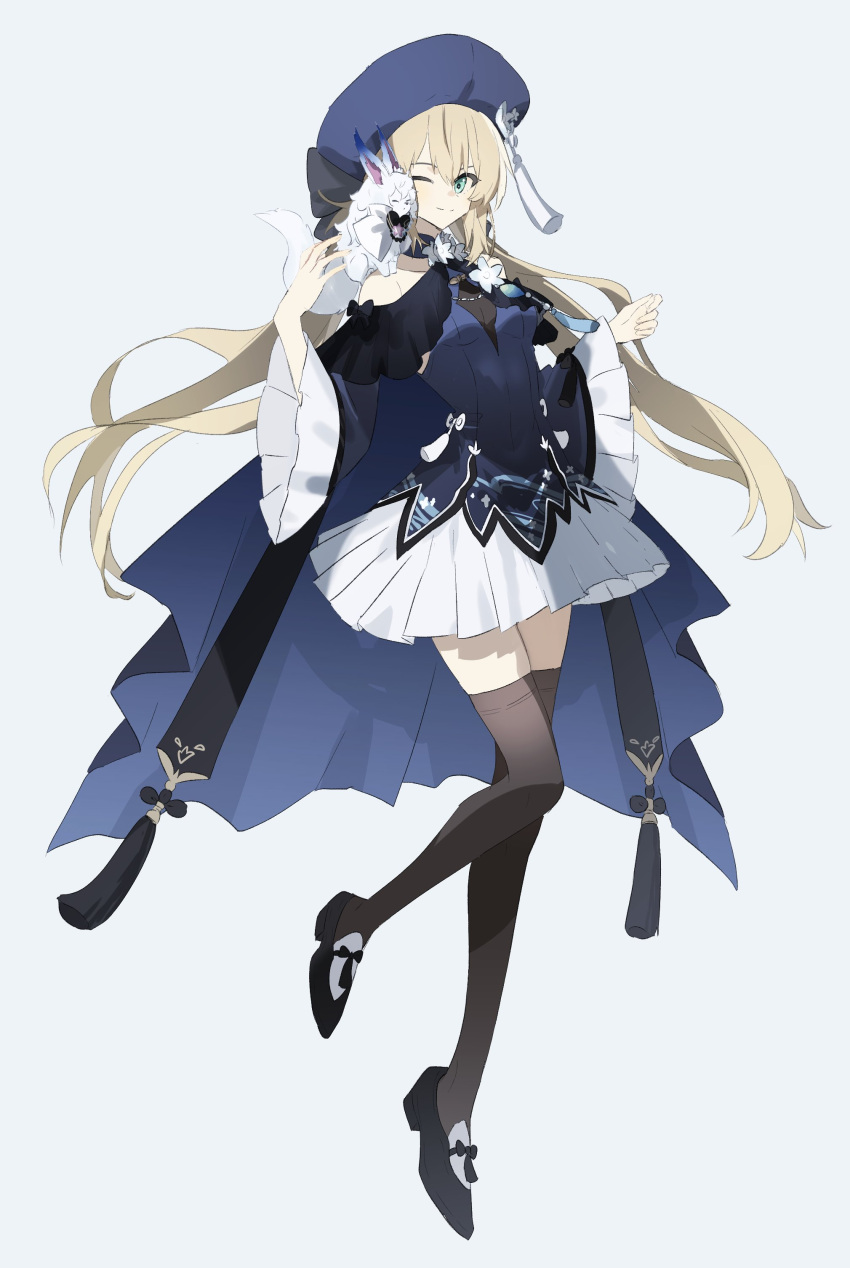1girl absurdres artoria_caster_(fate) artoria_pendragon_(fate) bangs beret black_bow black_footwear black_ribbon blonde_hair blue_cape blue_headwear blue_vest bow breasts cape closed_eyes closed_mouth colored_skin fate/grand_order fate_(series) flower fou_(fate) full_body green_eyes hat highres holding long_hair long_sleeves looking_at_viewer multicolored_clothes ne_f_g_o ribbon shoes skirt small_breasts smile solo thigh-highs twintails vest white_background white_flower white_skin