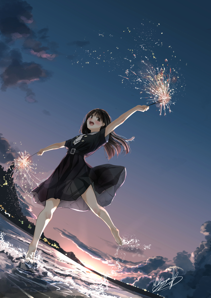 1girl black_shirt black_skirt blue_sky brown_eyes brown_hair building clouds commentary_request dark dutch_angle fireworks gradient gradient_background highres leg_up long_hair looking_away looking_to_the_side nature necktie open_mouth original outstretched_arms shallow_water shirt short_sleeves skirt sky smile solo soragane_(banisinngurei) sparkler splashing straight_hair sunset wading water white_necktie