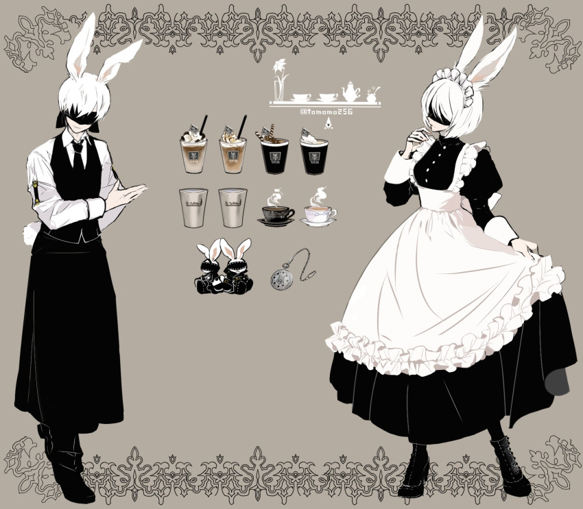 1boy 1girl alternate_costume animal_ears apron black_apron black_blindfold black_dress black_footwear black_necktie black_pants blindfold bob_cut boots bowing breasts brown_background butler buttons clothes_lift coffee cup disposable_cup dress dress_lift drinking_straw flower frilled_apron frills full_body hair_between_eyes hand_to_own_mouth highres long_dress long_sleeves maid maid_apron maid_headdress medium_breasts necktie nier_(series) nier_automata pants pocket_watch puffy_sleeves rabbit_ears rabbit_tail saucer shirt short_hair silhouette smile standing stuffed_animal stuffed_toy tail teapot tomo_(552252) twitter_username vase waist_apron waistcoat watch whipped_cream white_apron white_hair white_shirt yorha_no._2_type_b yorha_no._9_type_s