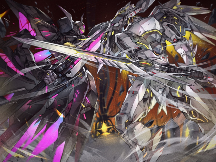 battle black_vs_white cable crack diffraction_spikes dust dust_cloud film_grain glowing glowing_eye highres holding holding_sword holding_weapon lxkate mecha no_humans original robot scratches sword violet_eyes weapon wings yellow_eyes