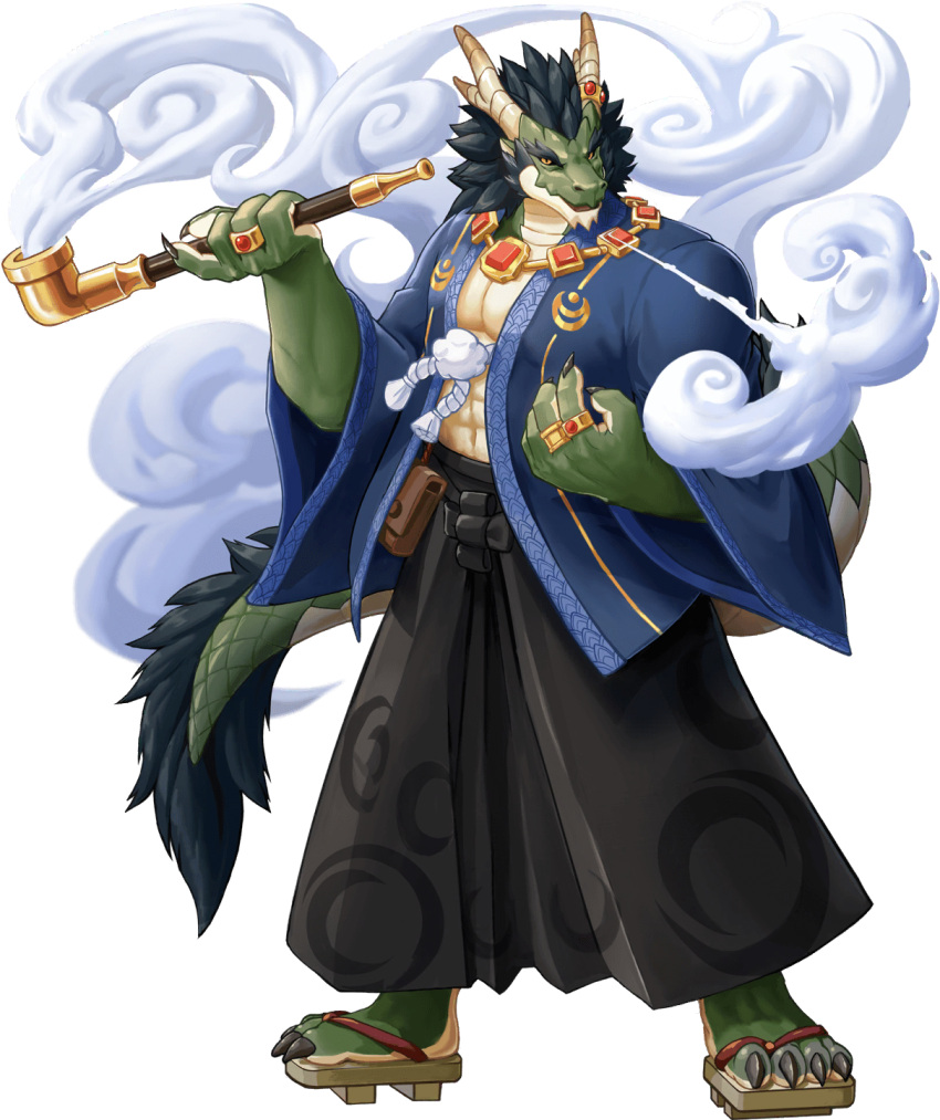 artist_request bag black_hair clouds colored_skin dragon_boy furry furry_male gem green_skin gyee hakama highres japanese_clothes jewelry kimono looking_at_viewer muscular muscular_male necklace official_art open_clothes open_kimono ring sandals scales simple_background smoke smoking smoking_pipe spiky_hair taneleer_(gyee) thick_eyebrows transparent_background yellow_eyes yukata