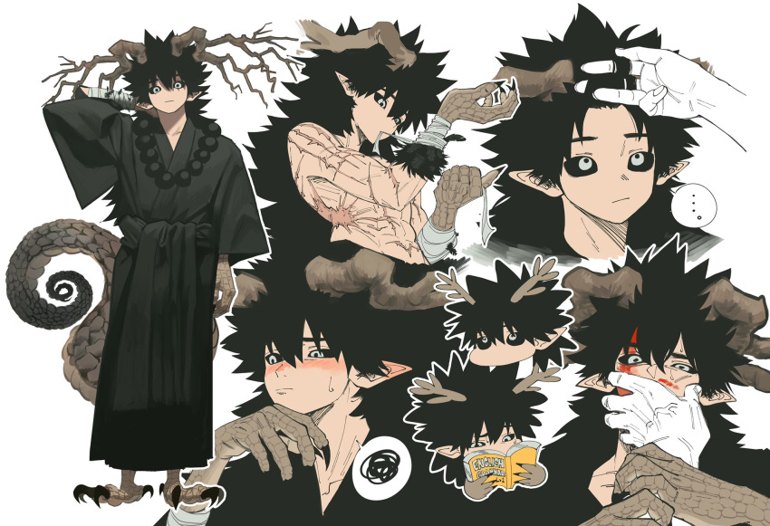 ... 1boy 1other antlers arm_up bandaged_arm bandages bead_necklace beads black_feathers black_hair black_sclera blood blood_on_face blush book branch chibi chibi_inset claws closed_mouth colored_sclera demon_boy feathers grey_eyes hair_between_eyes highres holding holding_another's_wrist holding_book japanese_clothes jewelry kimono long_hair long_sleeves male_focus mouth_hold multiple_views necklace open_book original pointy_ears reading scales scar scar_on_arm scar_on_chest scar_on_stomach scribble simple_background speech_bubble spoken_ellipsis standing sweat sweatdrop tail talons topless_male urachan1629 veins white_background wide_sleeves