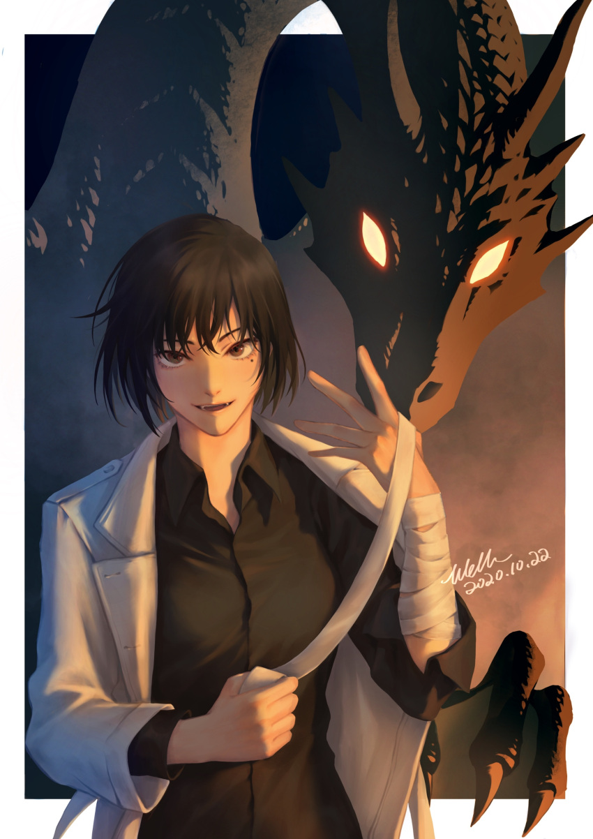 1girl absurdres arm_out_of_sleeve arm_wrap bangs black_hair black_shirt bob_cut breasts brown_eyes collared_shirt dated dragon dress_shirt fangs glowing glowing_eyes hand_up highres holding long_sleeves looking_at_viewer mole mole_under_eye omniscient_reader's_viewpoint outside_border parted_lips shirt short_hair signature smile sooyoung_han tape upper_body welllllll western_dragon wrapping