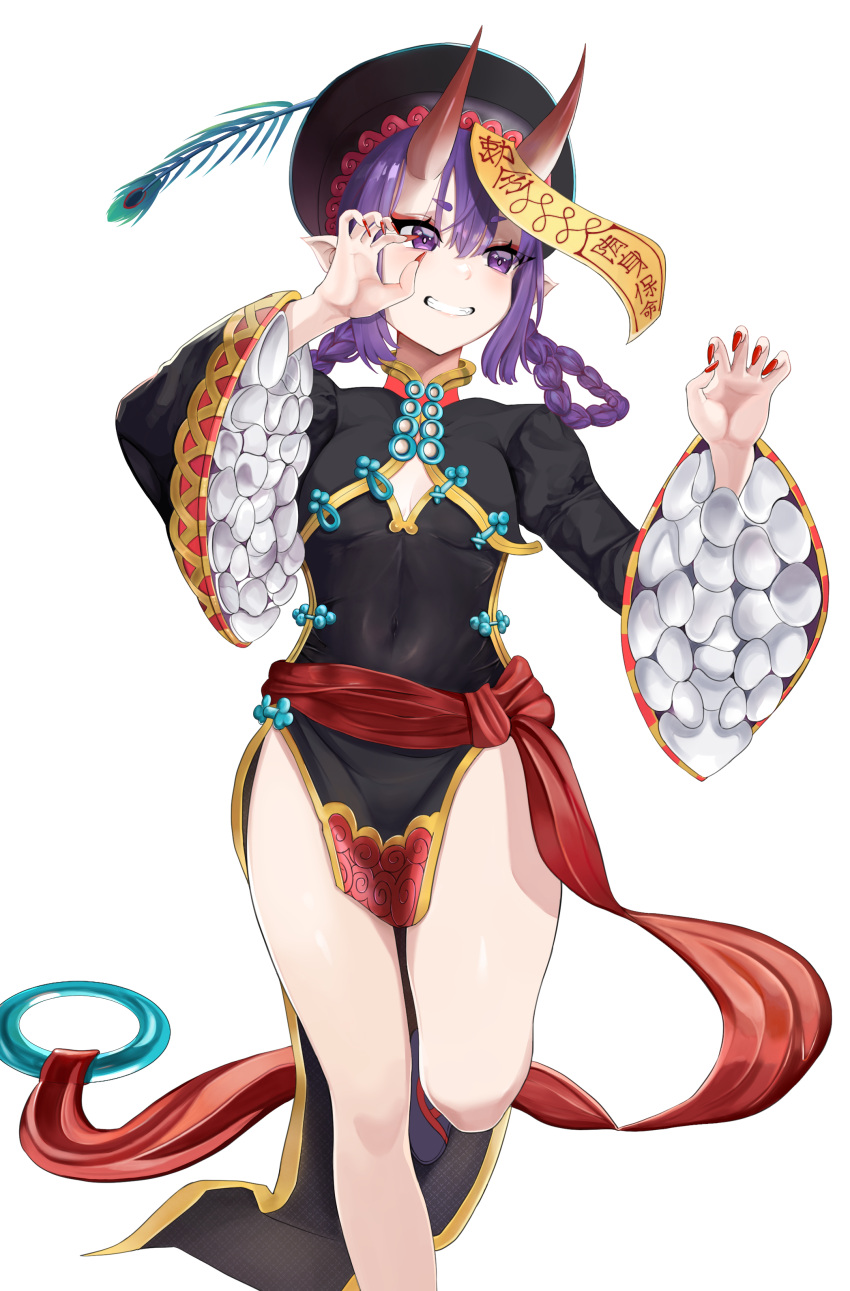 1girl absurdres china_dress chinese_clothes dress eyeliner fate/grand_order fate_(series) hair_between_eyes hair_rings hat highres horns jiangshi jiangshi_costume makeup morime official_alternate_costume ofuda oni oni_horns peacock_feathers pelvic_curtain purple_hair qing_guanmao red_nails short_eyebrows shuten_douji_(fate) shuten_douji_(festival_outfit)_(fate) skin-covered_horns solo talisman violet_eyes