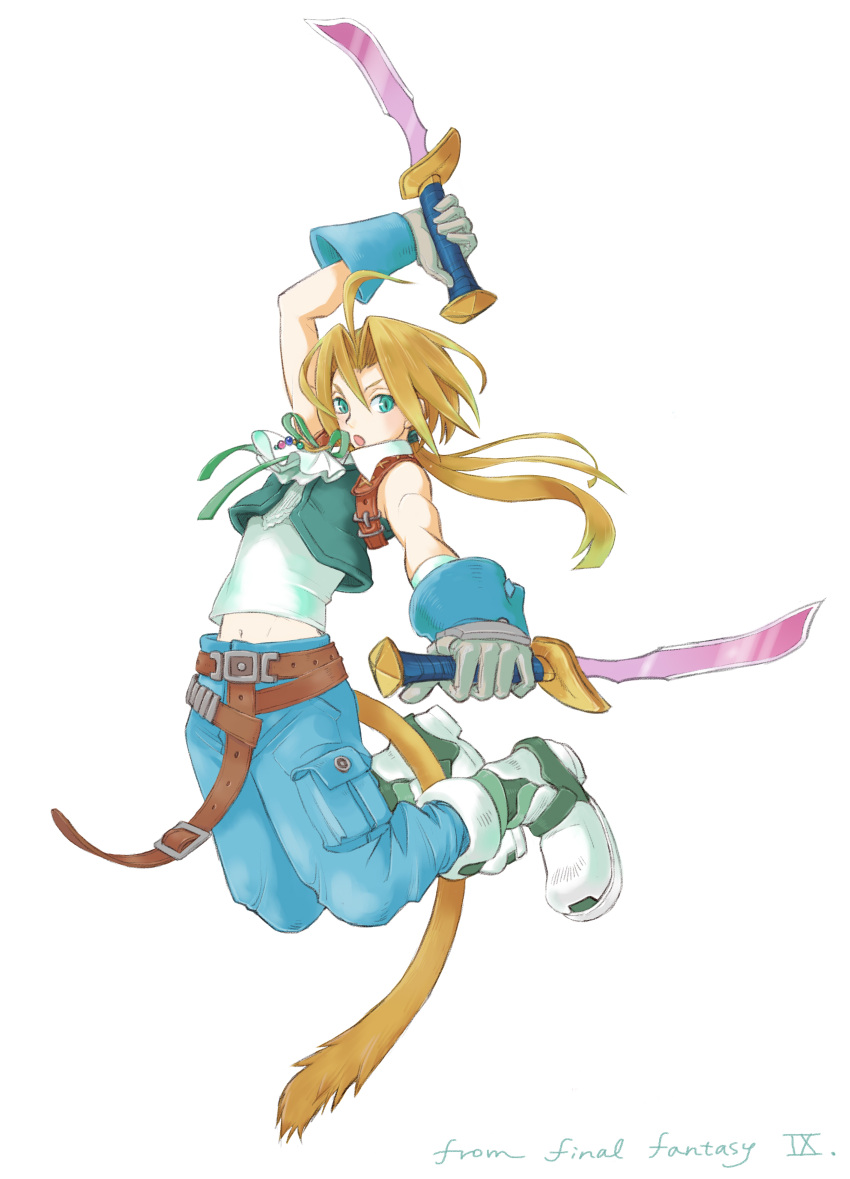 1boy absurdres aqua_hair arm_up bangs bare_shoulders belt blonde_hair blue_pants boots dagger dual_wielding fighting_stance final_fantasy final_fantasy_ix frilled_shirt_collar frills full_body gloves green_ribbon green_vest highres holding holding_dagger holding_weapon jumping knife long_hair looking_at_viewer low_ponytail male_focus mare_(pixiv) midriff_peek monkey_tail navel neck_ribbon open_mouth outstretched_arm pants parted_bangs pocket ribbon shirt sleeveless sleeveless_shirt solo tail vest weapon white_background white_shirt zidane_tribal