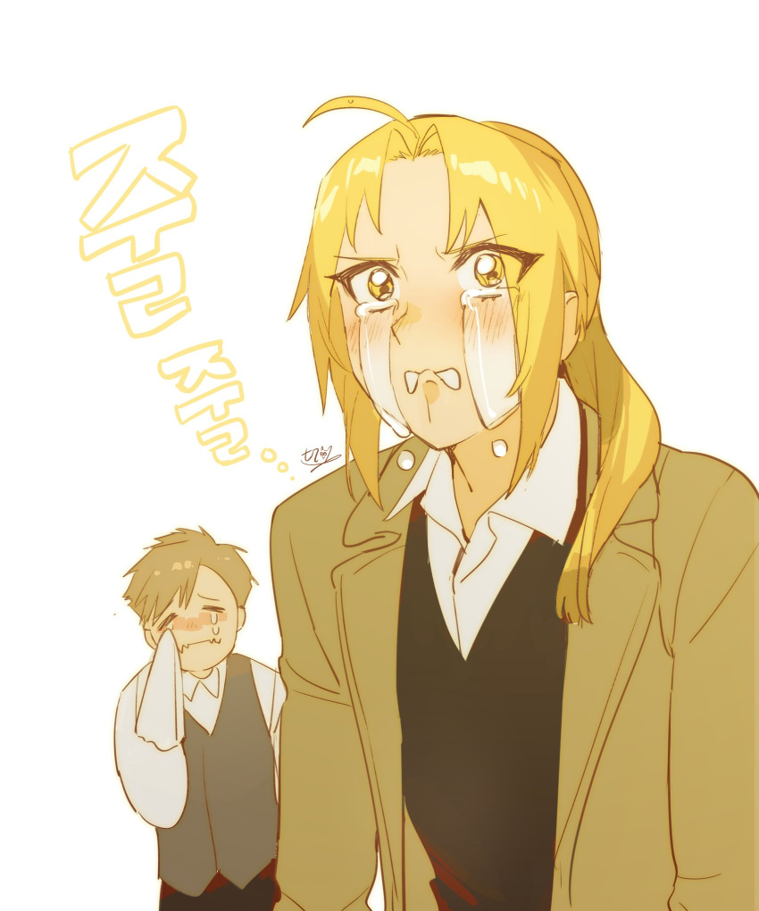 2boys =_= ahoge alphonse_elric bangs biting blush brothers brown_hair closed_mouth coat collared_shirt crying crying_with_eyes_open edward_elric fangs fullmetal_alchemist happy happy_tears highres lip_biting long_sleeves male_focus multiple_boys parted_bangs ponytail seveneightdu shirt siblings simple_background skin_fangs streaming_tears tears translation_request upper_body vest white_background wiping_tears yellow_eyes