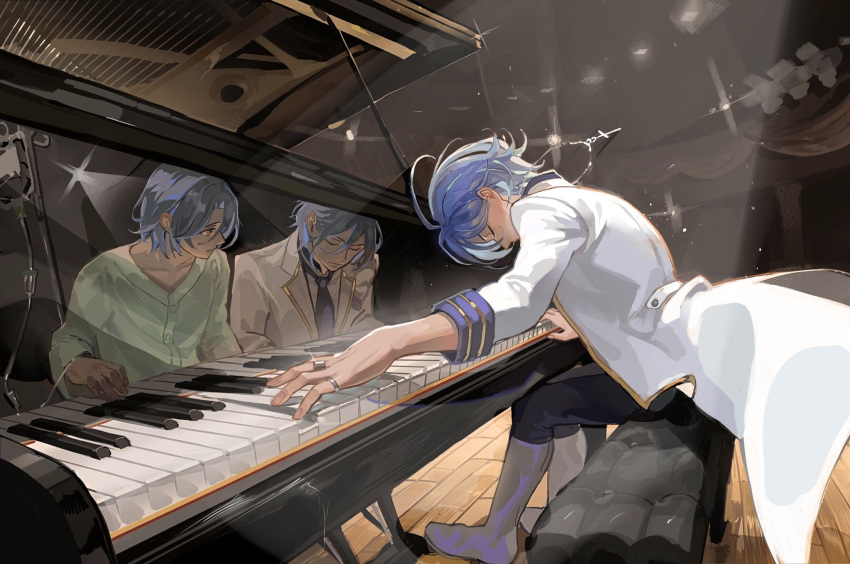 1boy black_pants blue_hair blue_necktie boots brothers closed_eyes closed_mouth coat coattails cross cross_necklace curtained_hair different_reflection doodoopi4 ensemble_stars! from_side full_body gold_trim grand_piano hair_between_eyes highres himeru_(ensemble_stars!) hospital_gown instrument intravenous_drip iv_stand jewelry light_particles light_smile looking_at_another multiple_rings music necklace necktie pants piano piano_bench pinky_ring playing_instrument playing_piano profile reflection ring shirt short_hair siblings sitting sleeve_cuffs solo spotlight stage white_coat white_footwear white_shirt wooden_floor yellow_eyes