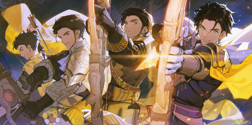 4boys alzi_xiaomi armor arrow_(projectile) black_gloves black_hair bow_(weapon) braid cape claude_von_riegan dark-skinned_male dark_skin drawing_bow earrings facial_hair failnaught_(fire_emblem) fire_emblem fire_emblem:_three_houses fire_emblem_warriors:_three_hopes garreg_mach_monastery_uniform gloves glowing green_eyes grin highres holding holding_arrow holding_bow_(weapon) holding_weapon jewelry looking_at_viewer multiple_boys multiple_persona official_alternate_costume shoulder_armor signature smile weapon white_gloves yellow_cape