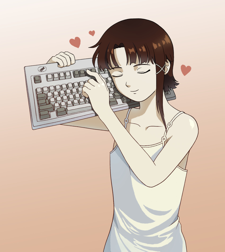 1girl artist_request asymmetrical_hair brown_eyes brown_hair closed_eyes drawfag dress gradient gradient_background hair_ornament hairclip heart highres iwakura_lain keyboard_(computer) serial_experiments_lain short_hair simple_background single_sidelock sleeveless sleeveless_dress solo white_dress x_hair_ornament