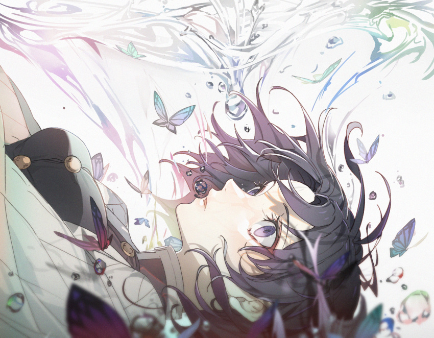 1girl air_bubble animal bangs black_hair black_jacket blurry blurry_foreground breasts bubble bug butterfly commentary_request depth_of_field highres jacket kimetsu_no_yaiba kochou_shinobu medium_breasts open_clothes parted_bangs parted_lips pig_ggul solo underwater upper_body violet_eyes water
