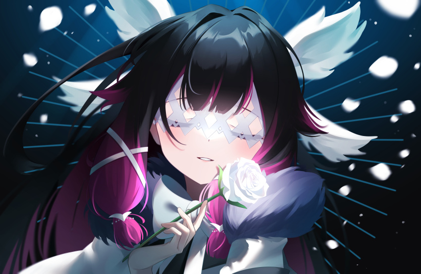 1girl absurdres aoitsuki black_hair closed_eyes columbina_(genshin_impact) commentary_request eye_mask facing_viewer flower fur_coat genshin_impact gradient_hair hair_ornament head_wings highres holding holding_flower long_hair multicolored_hair parted_lips purple_hair rose smile solo two-tone_hair upper_body white_flower white_rose x_hair_ornament