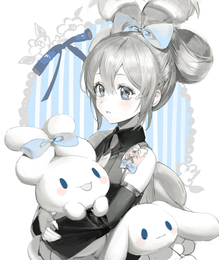 1girl :3 :d alternate_hairstyle bangs blue_bow blue_eyes blue_stripes border bow cinnamiku cinnamoroll closed_mouth detached_sleeves grey_hair greyscale hair_between_eyes hair_bow hair_rings hatsune_miku highres holding light_blush long_hair looking_ahead monochrome necktie open_mouth parted_lips pink_bow sanrio seveneightdu smile spot_color striped striped_background updo vocaloid white_border white_stripes
