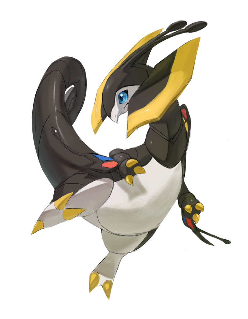 animal_focus beautifly blade blue_eyes claws closed_mouth commentary full_body fusion haxorus highres horezai leg_up looking_to_the_side no_humans pokemon pokemon_(creature) shiny shiny_skin simple_background solo standing standing_on_one_leg white_background