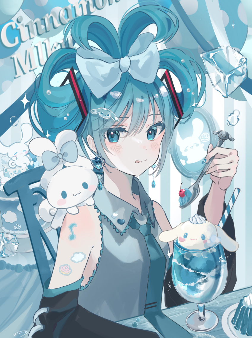 1girl :3 :q aqua_eyes aqua_gemstone aqua_hair aqua_necktie balloon bangs bare_shoulders black_sleeves blue_bow blush blush_stickers bow bubble cake chair character_name cinnamiku cinnamoroll closed_mouth commentary creature creature_on_shoulder crossover cup detached_sleeves drink drinking_glass drinking_straw earrings eating food framed_image frilled_shirt frills grey_shirt hair_bow hair_ornament hatsune_miku heart highres holding holding_spoon ice ice_cube indoors jewelry looking_at_another necktie on_shoulder pudding sanrio shirt sideways_glance sitting smile sparkle spoon sticker_on_arm sutera_sea table tied_ears tongue tongue_out updo upper_body vocaloid