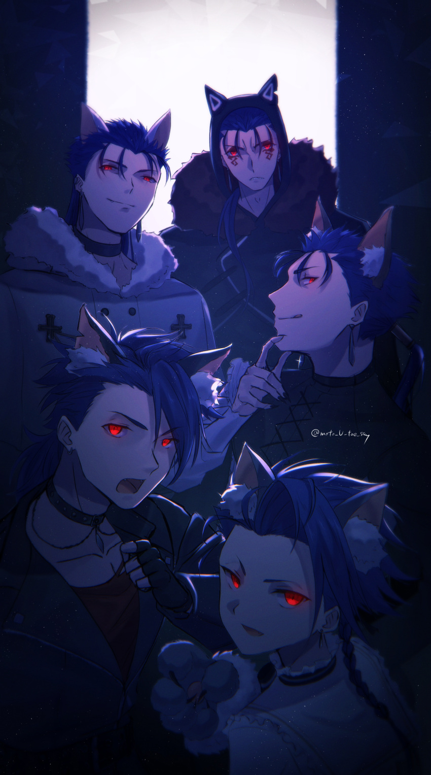 5boys :q absurdres adam's_apple alternate_costume animal_ear_fluff animal_ear_headwear animal_ears animal_hands blue_hair blue_theme braid cat_ears choker collarbone cu_chulainn_(caster)_(fate) cu_chulainn_(fate) cu_chulainn_(fate/prototype) cu_chulainn_(fate/stay_night) cu_chulainn_alter_(fate) dark earclip earrings facial_mark fang fang_out fangs fate/grand_order fate/grand_order_arcade fate/prototype fate/stay_night fate_(series) fingerless_gloves fingernails fomnant frown fur-trimmed_hood fur_trim gloves glowing glowing_eyes hair_over_shoulder hand_on_own_chin highres hood hood_down hood_up hoop_earrings jacket jewelry kemonomimi_mode leather leather_jacket licking_lips long_hair long_sleeves looking_at_viewer looking_back low_ponytail male_focus multiple_boys notched_ear open_mouth paw_gloves ponytail red_eyes setanta_(fate) sharp_fingernails sharp_teeth single_sidelock smile smirk spiky_hair teeth tongue tongue_out twitter_username upper_body