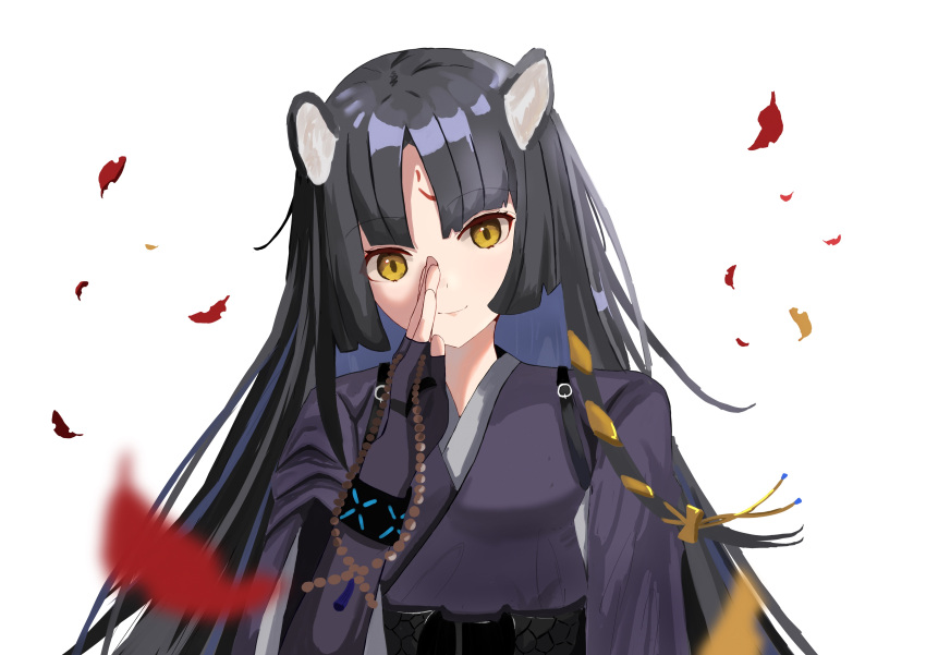 1girl absurdres animal_ear_fluff animal_ears arknights autumn_leaves bangs black_hair brown_eyes closed_mouth commentary_request dog_ears facial_mark forehead_mark hand_up highres japanese_clothes kimono long_hair nui_(nuinui0300) parted_bangs purple_kimono saga_(arknights) simple_background smile solo upper_body very_long_hair white_background