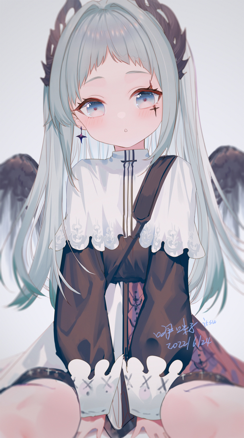 1girl :o arknights between_legs black_shirt black_wings blue_eyes blush capelet commentary_request dated feathered_wings grey_background grey_hair hair_intakes hand_between_legs highres irene_(arknights) long_hair long_sleeves looking_at_viewer ookamisama parted_lips puffy_long_sleeves puffy_sleeves shirt sitting skirt solo very_long_hair wariza white_capelet white_skirt wings