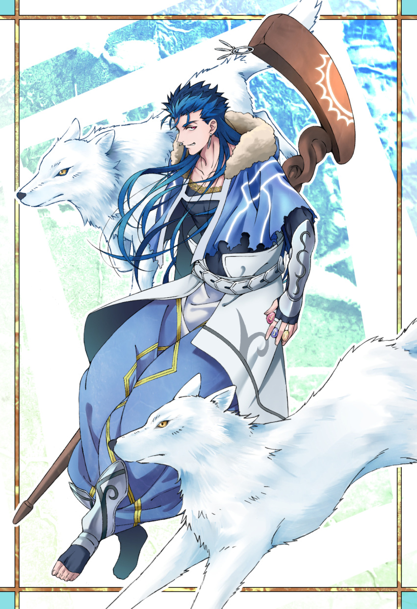 1boy 2others animal armor belt blue_hair capelet closed_mouth collarbone cu_chulainn_(caster)_(fate) cu_chulainn_(fate) earrings fate/grand_order fate_(series) floating_hair fur-trimmed_hood fur_trim gem greaves harem_pants highres holding holding_staff hood hood_down hooded_capelet jewelry long_hair looking_at_viewer male_focus multiple_others pants red_eyes runes sateiki7 skin_tight smile spiky_hair staff toeless_footwear vambraces white_wolf wolf wooden_staff