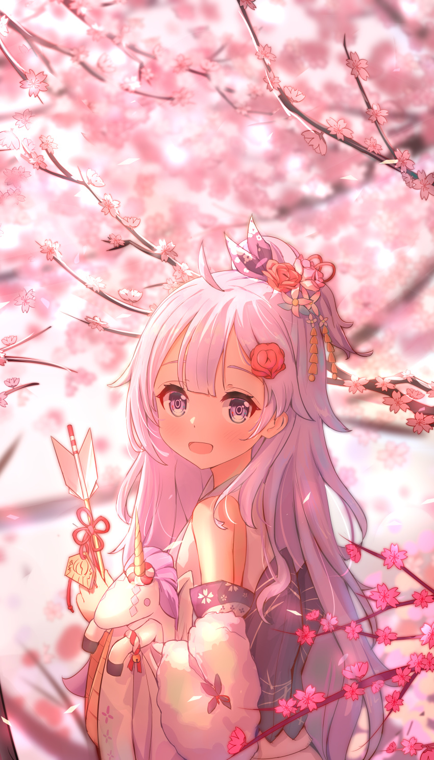 1girl absurdres ahoge arrow_(projectile) azur_lane bare_shoulders blush cherry_blossom_print cherry_blossoms commentary_request detached_sleeves ema falling_petals floral_print flower from_side hair_flower hair_ornament hamaya highres japanese_clothes kanzashi kimono long_sleeves looking_at_viewer meng_mian open_mouth petals purple_hair smile solo spring_(season) stuffed_winged_unicorn unicorn_(azur_lane) unicorn_(the_gift_of_spring)_(azur_lane) violet_eyes wide_sleeves