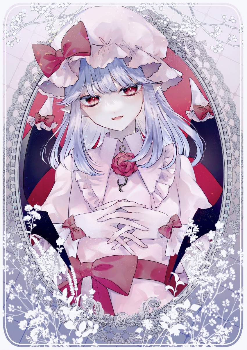 1girl :d absurdres alternate_hair_length alternate_hairstyle bat_wings blush bow bright_pupils collared_dress commentary dress fangs flower foul_detective_satori framed hat hat_bow highres interlocked_fingers katai_(nekoneko0720) light_blue_hair long_hair looking_at_viewer lower_teeth mob_cap open_mouth own_hands_together pink_dress pink_headwear puffy_short_sleeves puffy_sleeves red_bow red_eyes red_flower red_rose remilia_scarlet rose short_sleeves slit_pupils smile solo teeth tongue touhou upper_body waist_bow white_pupils wings wrist_cuffs