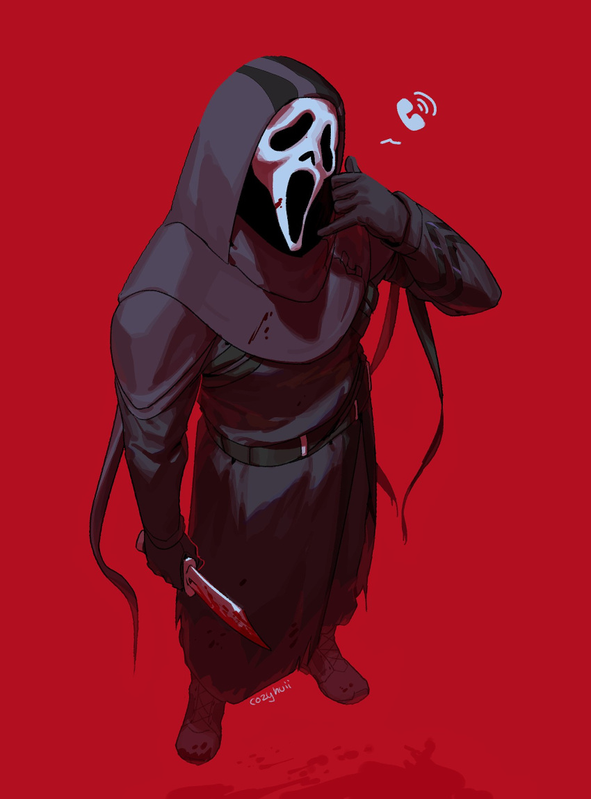 1boy black_cloak black_gloves blood blood_on_clothes blood_on_knife blood_on_weapon cloak commentary cozyhuii ghost_mask ghostface gloves hand_phone highres holding holding_knife holding_weapon hood hood_up hooded_coat knife long_sleeves male_focus mask mask_on_head open_mouth phone red_background scream_(movie) signal simple_background solo weapon