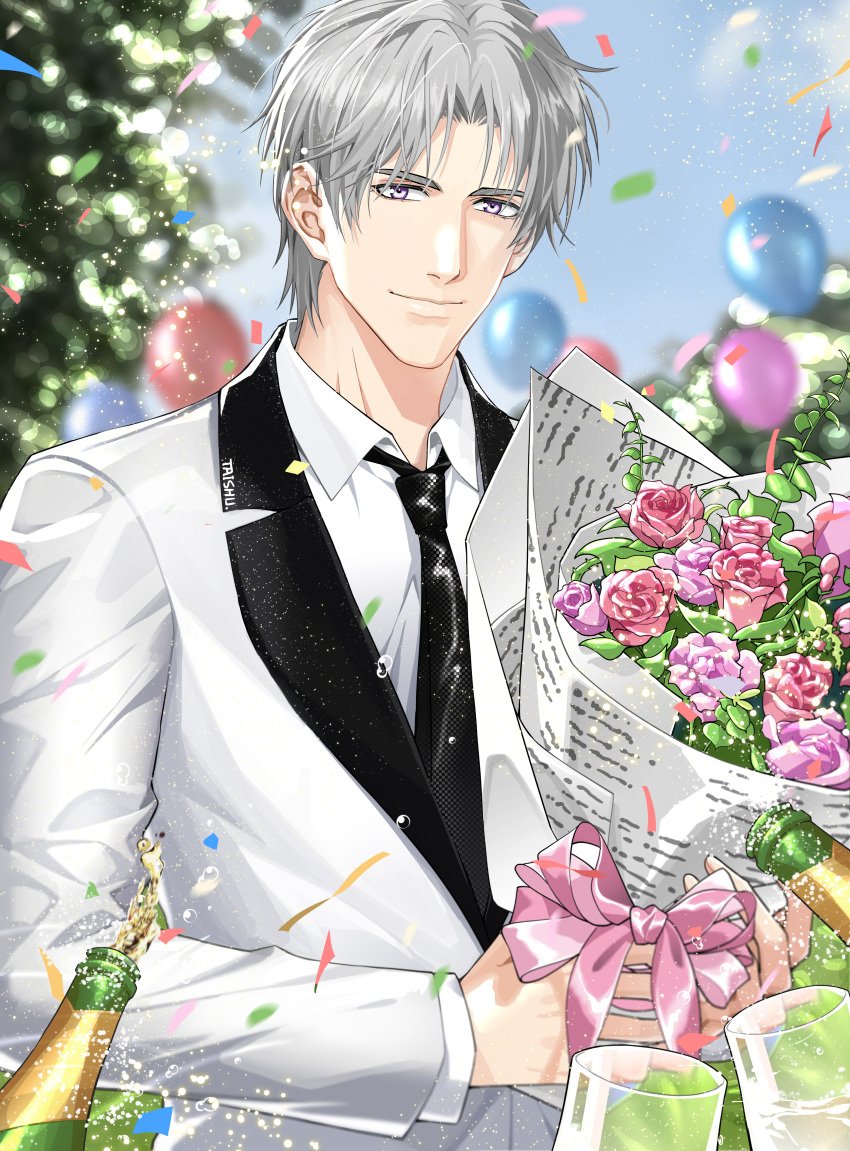 1boy absurdres alcohol balloon black_necktie blue_sky blurry blurry_background bouquet champagne champagne_bottle charlie_su confetti day formal grey_eyes grey_hair highres holding holding_bouquet light_and_night_love long_sleeves male_focus necktie outdoors outoors pink_ribbon ribbon short_hair sky suit taishu white_suit