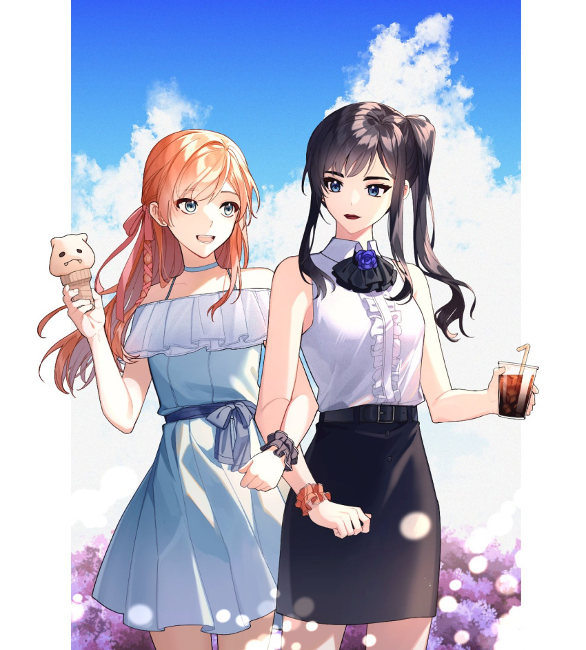 2girls bangs bare_shoulders belt black_hair black_lips black_skirt blue_dress blue_eyes braid breasts choker cup disposable_cup dress drinking_straw final_fantasy final_fantasy_xiv gaia_(ff14) hair_between_eyes hair_ribbon highres holding holding_cup holding_ice_cream ice ice_cube locked_arms long_hair medium_breasts multiple_girls neck_ribbon open_mouth orange_hair outdoors pencil_skirt pillarboxed pink_ribbon pleated_dress ribbon ryne shiny shiny_hair shirt side_ponytail sidelocks skirt sky smile songbaway thick_eyebrows upper_body white_shirt wristband