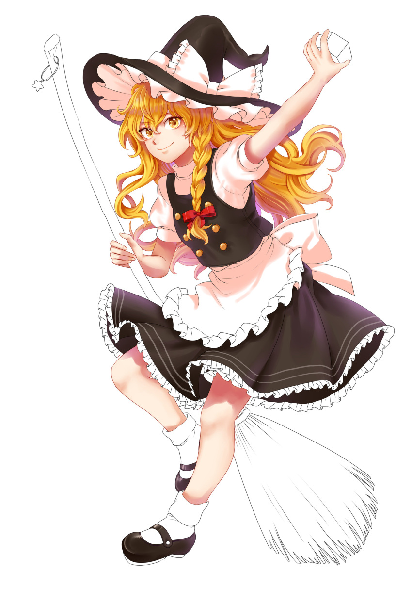 1girl absurdres apron back_bow black_footwear black_headwear black_skirt black_vest blonde_hair blush bow braid breasts broom closed_mouth commentary_request frilled_apron frilled_hat frills full_body hat highres holding holding_broom kirisame_marisa kuya_(hey36253625) long_hair mary_janes mini-hakkero puffy_short_sleeves puffy_sleeves red_bow shirt shoes short_sleeves side_braid single_braid skirt small_breasts smile socks solo touhou turtleneck unfinished vest waist_apron waist_bow white_apron white_shirt white_socks witch witch_hat yellow_eyes