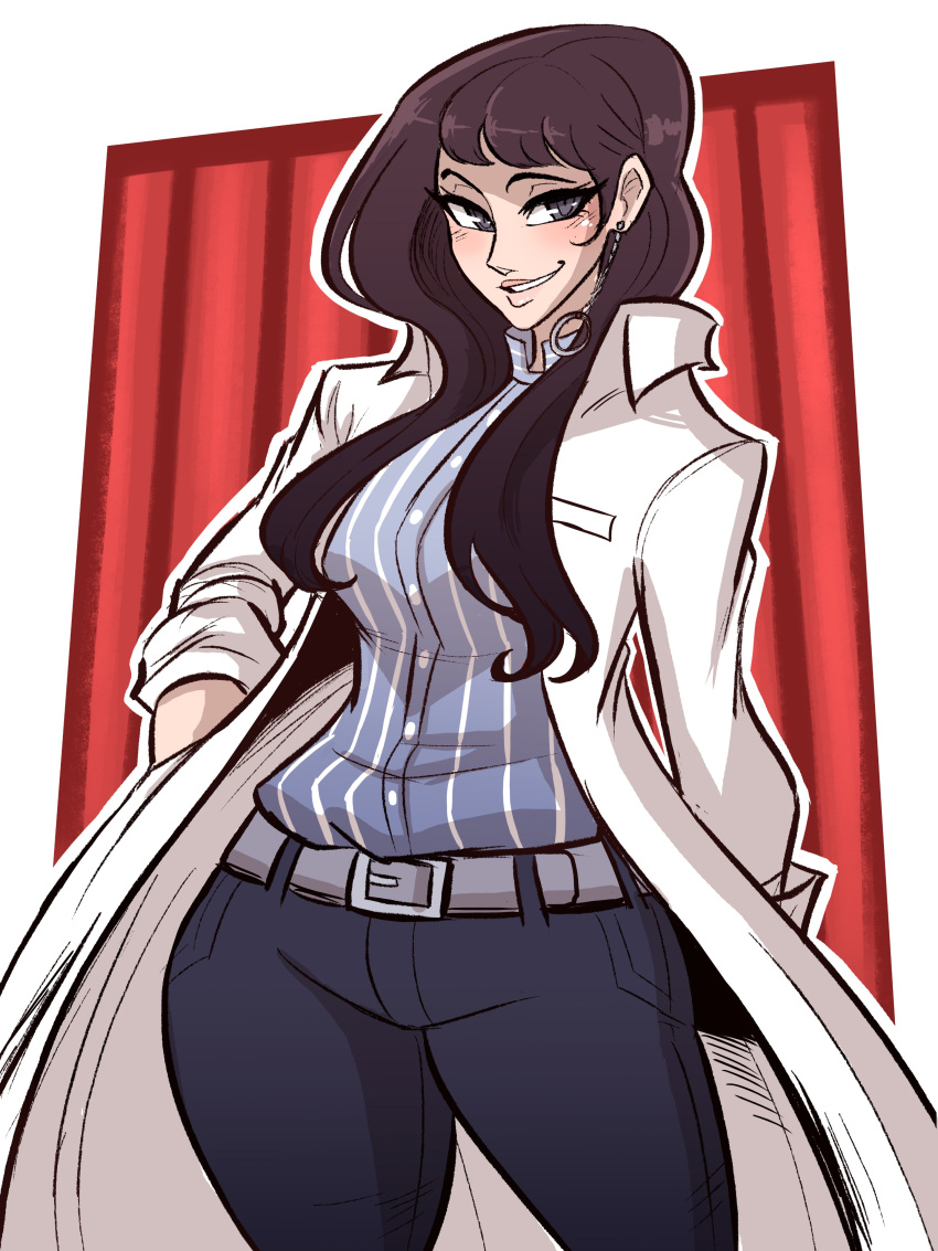 1girl absurdres belt brown_eyes brown_hair coat denim earrings grin highres ichinose_kuon jeans jewelry long_hair pants persona persona_5 persona_5_scramble:_the_phantom_strikers scruffyturtles shirt smile striped striped_shirt thick_thighs thighs wide_hips