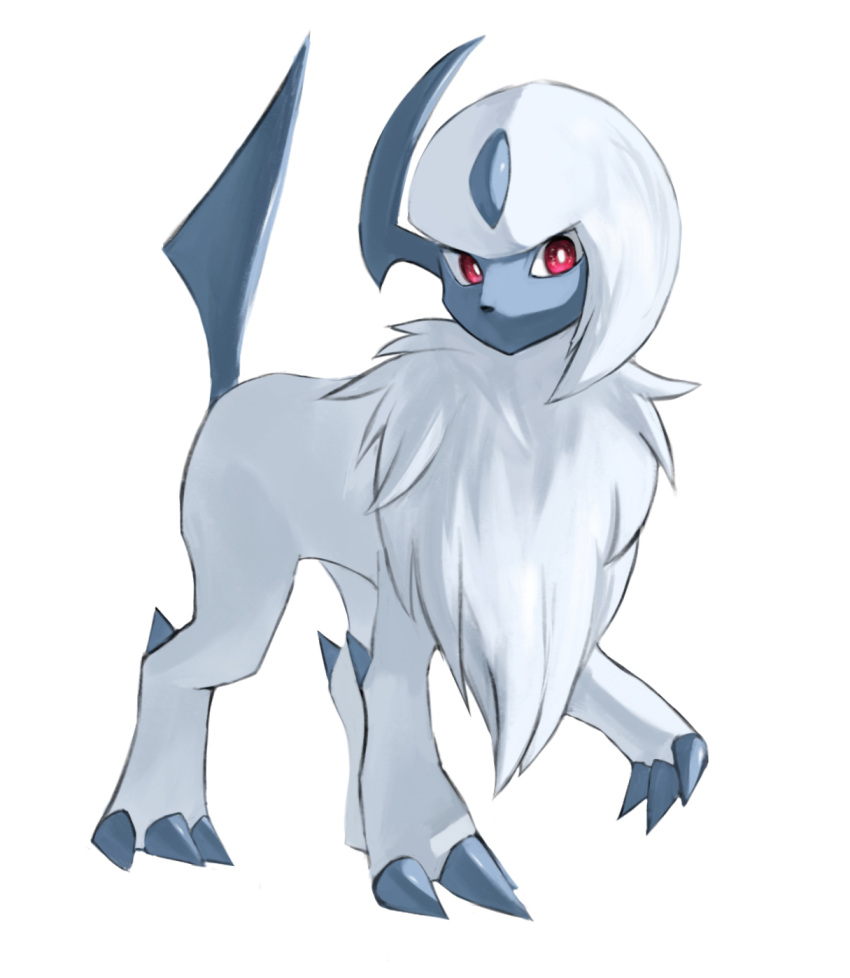 absol animal_focus asymmetrical_hair bright_pupils claws commentary english_commentary full_body highres horezai looking_at_viewer no_humans no_mouth pokemon pokemon_(creature) red_eyes short_hair sidelocks simple_background solo standing white_background white_hair white_pupils white_theme