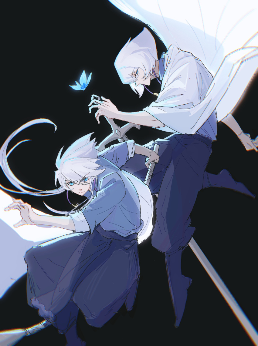2boys absurdres alef_(sky:_children_of_the_light) bishounen bob_cut bug butterfly cape daleth_(sky:_children_of_the_light) earrings grey_hair hakama hakama_pants highres inverted_bob japanese_clothes jewelry jitome long_sleeves male_focus moxiangwencun multiple_boys pants profile short_hair sky:_children_of_the_light sleeve_cuffs spiky_hair tassel tassel_earrings tsurime white_hair
