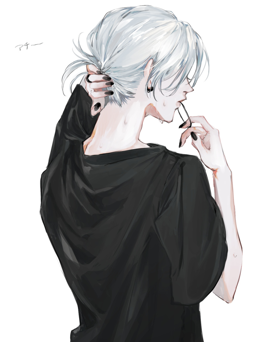 1boy adjusting_hair black_nails black_shirt earlgrey3183 earrings from_behind hair_tie_in_mouth highres jewelry male_focus mouth_hold nail_polish nape original ring shirt simple_background solo sweat upper_body white_background white_hair