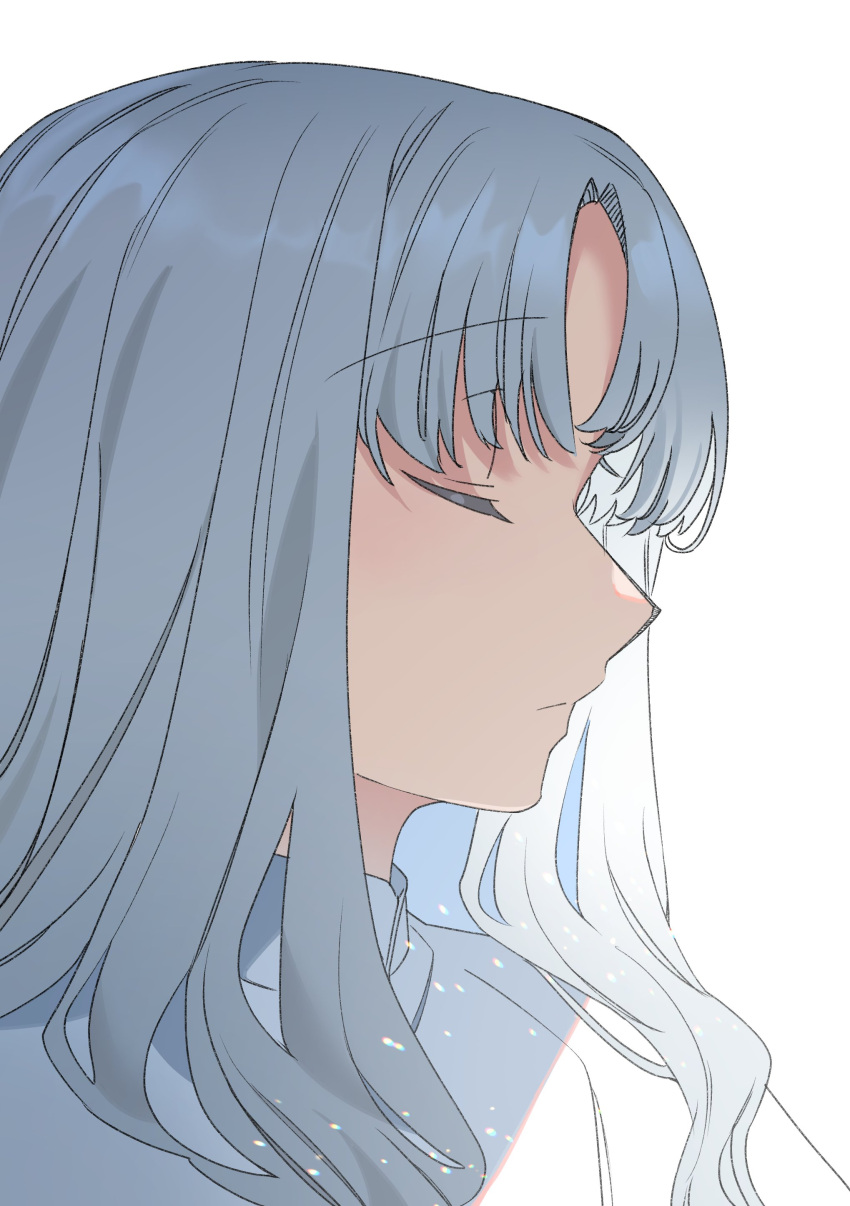 1girl absurdres bangs caren_hortensia closed_eyes closed_mouth eyes_visible_through_hair fate/hollow_ataraxia fate_(series) hair_between_eyes highres long_hair looking_to_the_side noko_morokoshi simple_background solo sparkle upper_body wavy_hair white_background white_hair