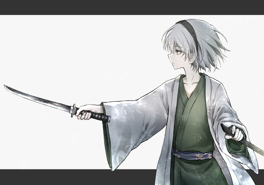 1girl alternate_eye_color black_hairband brown_eyes closed_mouth collarbone fingernails frown green_kimono grey_background grey_hair hairband highres holding holding_sheath holding_sword holding_weapon japanese_clothes kimono kodachi konpaku_youmu layered_clothes letterboxed looking_afar open_clothes open_kimono pointing_weapon profile sheath shimoda_masaya short_sword simple_background solo sword touhou upper_body weapon white_kimono