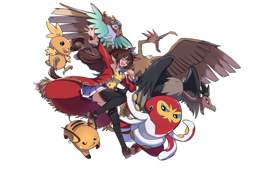 1girl animal_ears black_thighhighs brown_hair coat domino_mask ear_scrunchie el_condor_pasa_(umamusume) english_commentary fearow fuyukayui grapploct hawlucha high_ponytail highres horse_ears horse_girl horse_tail looking_at_viewer low_tied_hair mask miniskirt mixed-language_commentary pleated_skirt pokemon raichu red_coat shoes simple_background skirt tail thigh-highs trait_connection umamusume white_background zettai_ryouiki