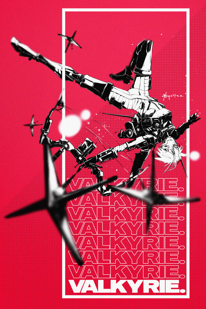 96yottea absurdres apex_legends armor arrow_(projectile) bocek_compound_bow bodysuit boots bow_(weapon) breastplate floating_hair gloves greyscale_with_colored_background highres holding holding_bow_(weapon) holding_weapon metal_boots monochrome open_hand red_background short_hair smile thigh_boots valkyrie_(apex_legends) weapon