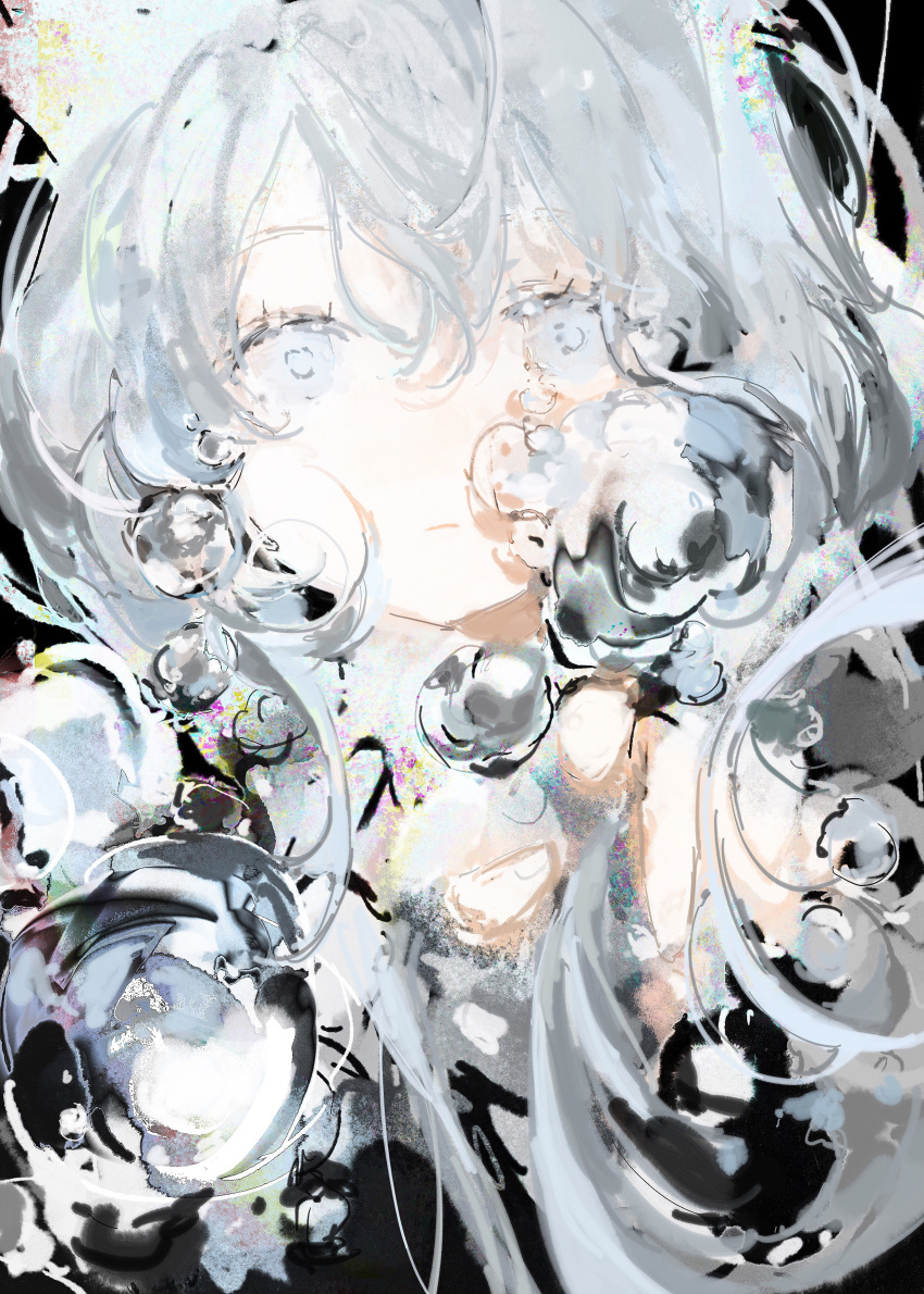 1girl absurdres arknights bangs black_background bubble closed_mouth commentary_request grey_eyes grey_hair hair_between_eyes highres long_hair looking_at_viewer rosmontis_(arknights) simple_background solo upper_body yonghu_pei_yezi