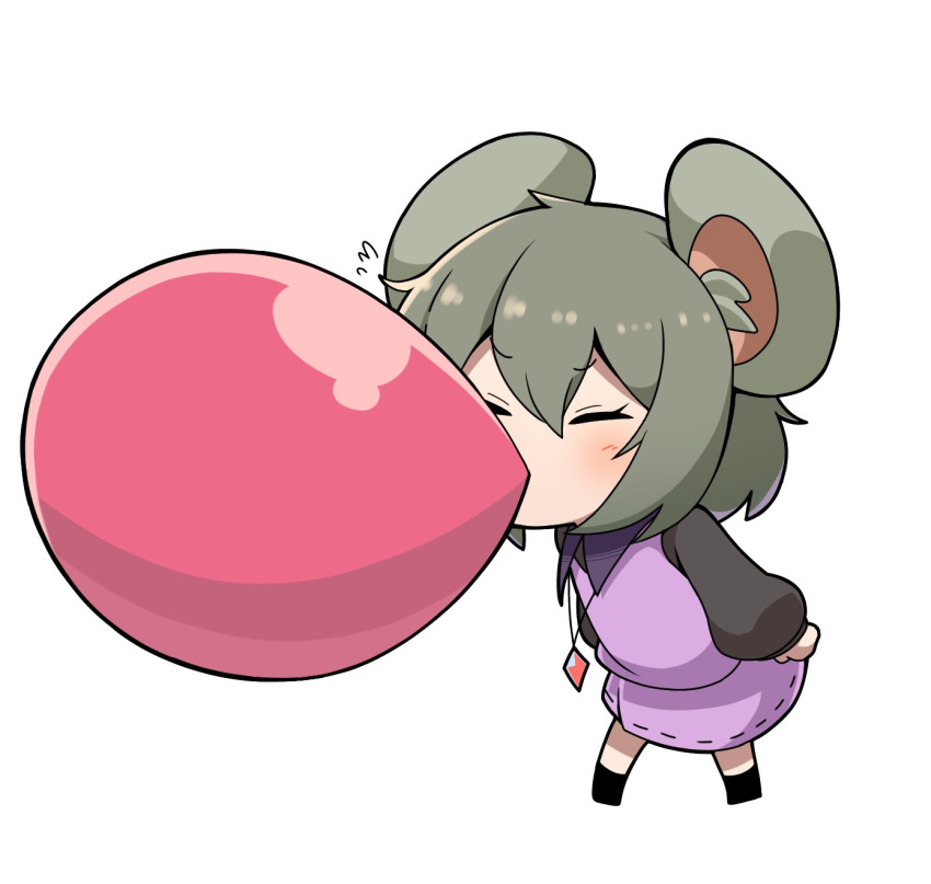 1girl animal_ears bangs black_shirt blush bubble_blowing chewing_gum chibi closed_eyes collared_shirt cookie_(touhou) crystal fake_nyon_(cookie) full_body grey_hair highres jewelry layered_clothes long_sleeves madore mouse_ears mouse_girl nazrin pendant pink_shirt pink_skirt shirt short_hair simple_background skirt skirt_set sleeveless sleeveless_shirt solo touhou white_background