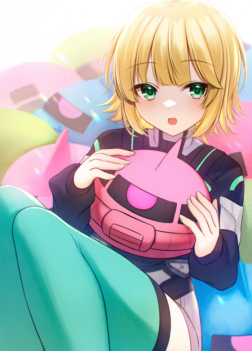 1girl :d akky_(akimi1127) bangs black_shirt blonde_hair character_request feet_out_of_frame green_eyes grey_shorts gundam hands_up highres holding holding_stuffed_toy knees_up long_sleeves looking_at_viewer official_art puffy_long_sleeves puffy_sleeves shirt short_shorts shorts smile solo stuffed_toy thigh-highs
