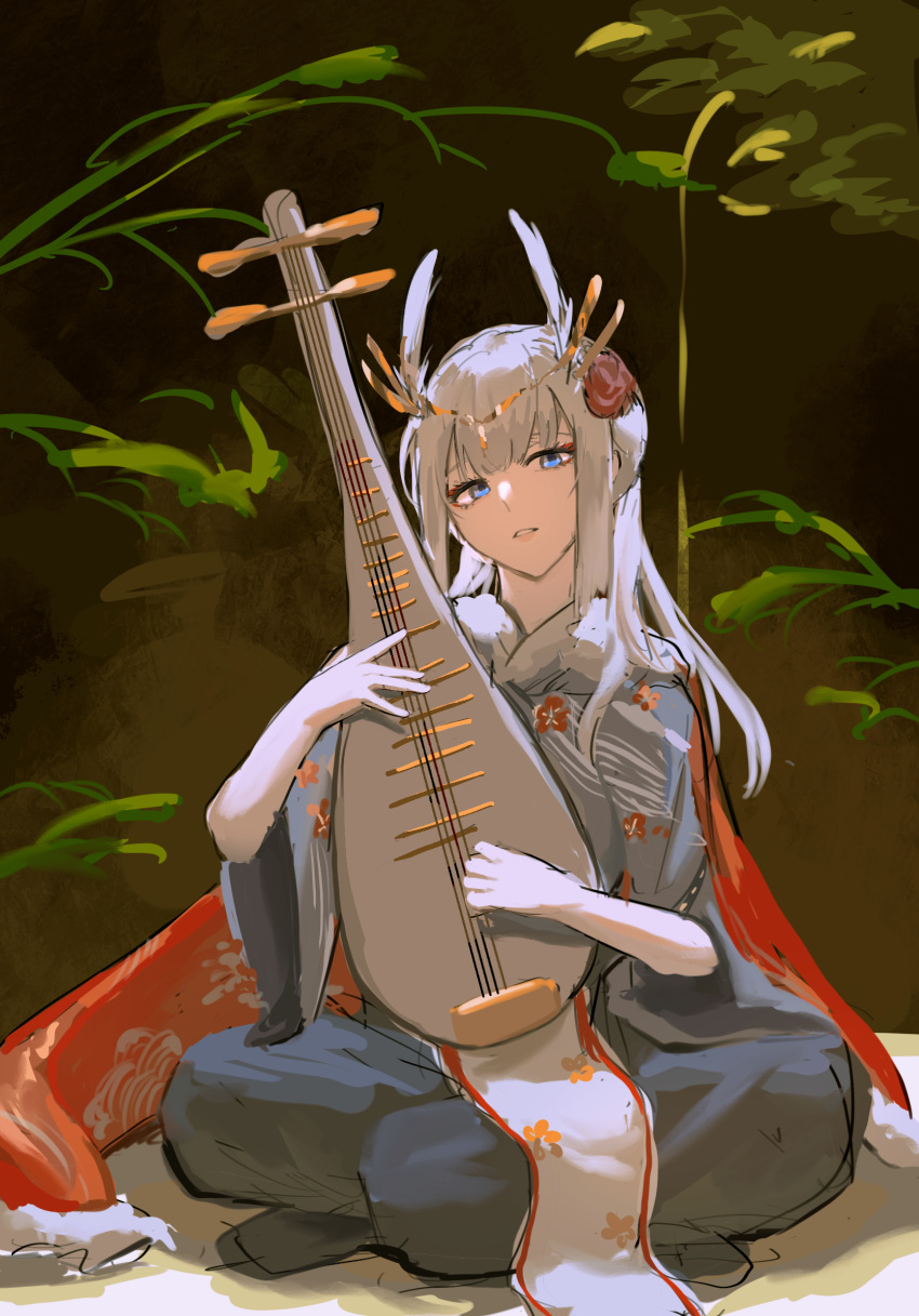aloe0421 androgynous bangs bishounen blue_eyes blunt_bangs cape circlet eyeliner eyeshadow flower grey_hair hair_flower hair_ornament highres instrument jitome long_hair long_sleeves looking_at_viewer makeup mimizuku_(sky:_children_of_the_light) music parted_lips pisces playing_instrument pointy_hair ponytail red_eyeshadow red_flower red_rose rose sidelocks sitting sky:_children_of_the_light solo straight_hair tsurime white_hair
