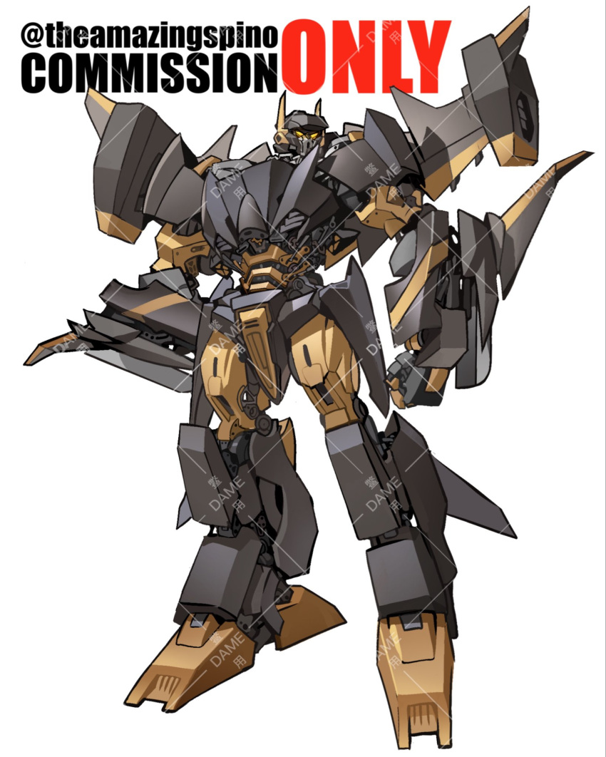 clenched_hand commission hand_on_hip highres looking_to_the_side mecha no_humans original robot solo standing theamazingspino transformers watermark white_background yellow_eyes