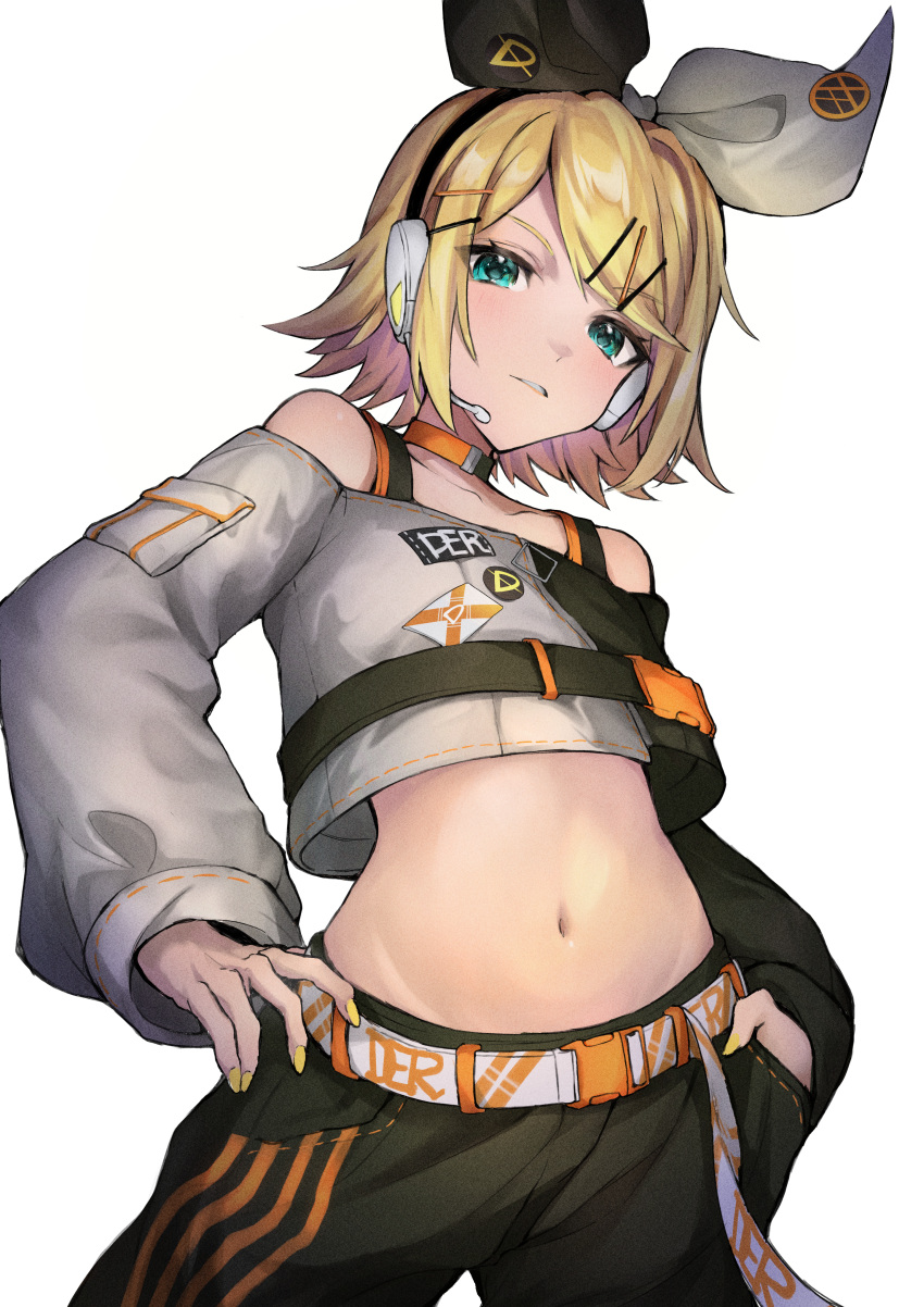 1girl absurdres aqua_eyes arched_back asymmetrical_clothes bare_shoulders belt black_bow black_pants blonde_hair bow crop_top from_below hair_bow hair_ornament hairclip hands_on_hips headphones headset highres kagamine_rin long_sleeves looking_down midriff navel orange_belt pants parted_lips pel project_sekai short_hair snap-fit_buckle solo stomach two-tone_bow two-tone_choker vocaloid white_belt white_bow yellow_nails