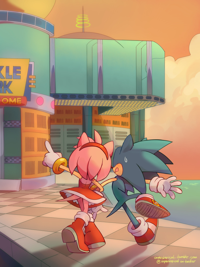1boy 1girl 90s amy_rose animal bracelet dress from_behind full_body gloves hairband hedgehog high_heels highres jewelry mammal no_humans ocean orphisterical outdoors pointing red_dress red_hairband rodent sega sky sonic_(series) sonic_adventure sonic_adventure_dx_director's_cut sonic_team sonic_the_hedgehog sunset sweatdrop tail twinkle_park twitter_username urban walking white_gloves