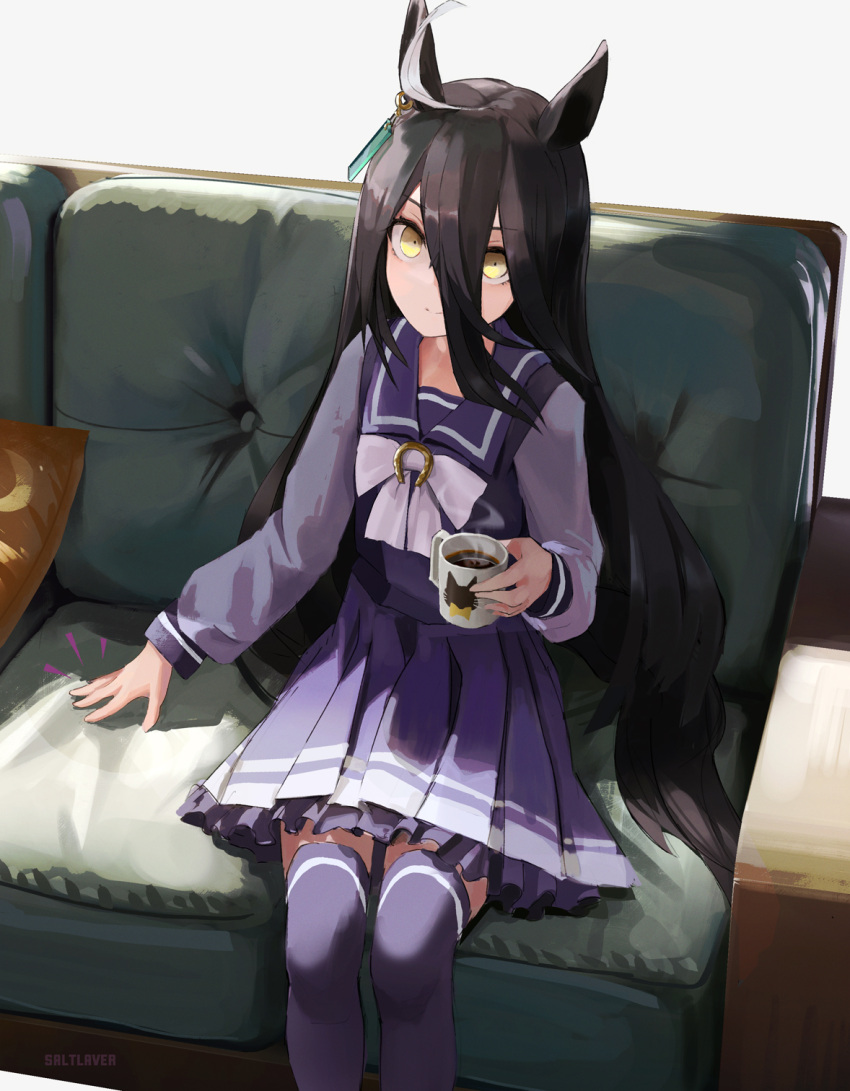 1girl ahoge animal_ears bangs beckoning black_hair character_request closed_mouth couch cup drink grey_hair hair_between_eyes hand_up highres holding holding_cup horse_ears kneehighs long_hair long_sleeves miniskirt multicolored_hair on_couch parted_bangs pillow pleated_skirt purple_shirt sailor_collar sailor_shirt saltlaver school_uniform serafuku shirt skirt smile socks solo steam tracen_school_uniform two-tone_hair umamusume very_long_hair yellow_eyes zettai_ryouiki