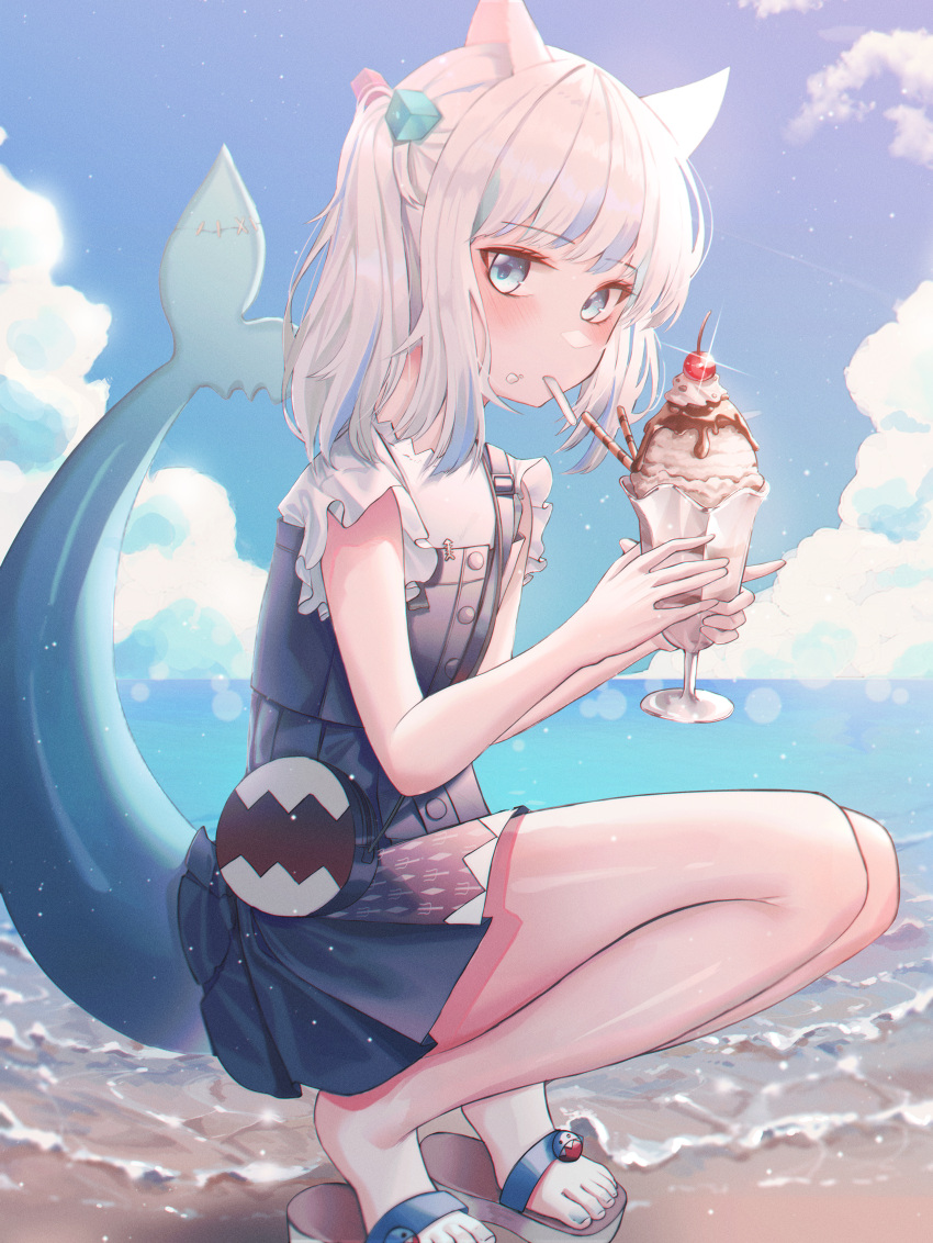 1girl absurdres animal_ears bangs beach blue_dress blue_eyes blue_hair blue_sky blush cat_ears clouds cloudy_sky domi_(hongsung0819) dress feet fish_tail food frilled_shirt frills full_body gawr_gura grey_hair hair_ornament hands_up highres holding hololive hololive_english ice_cream legs lens_flare long_legs looking_at_viewer medium_hair mouth_hold multicolored_hair nail_polish outdoors pleated_dress sandals shadow shark_tail shirt short_dress side_ponytail sidelocks sky solo squatting streaked_hair tail thighs toenail_polish toenails toes utensil_in_mouth water