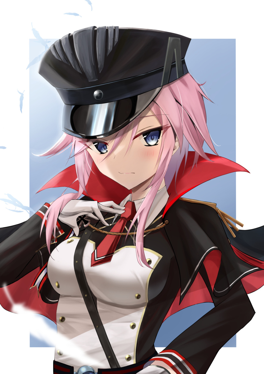 1girl azur_lane black_capelet black_headwear black_jacket blue_background blue_eyes breasts buttons capelet collared_jacket double-breasted gloves hat highres jacket jiseki_rena long_sleeves medium_breasts medium_hair military military_hat military_uniform multicolored_clothes multicolored_jacket necktie peaked_cap pink_hair red_capelet red_necktie seydlitz_(azur_lane) short_necktie simple_background solo two-tone_background two-tone_capelet two-tone_jacket uniform upper_body white_background white_gloves white_jacket