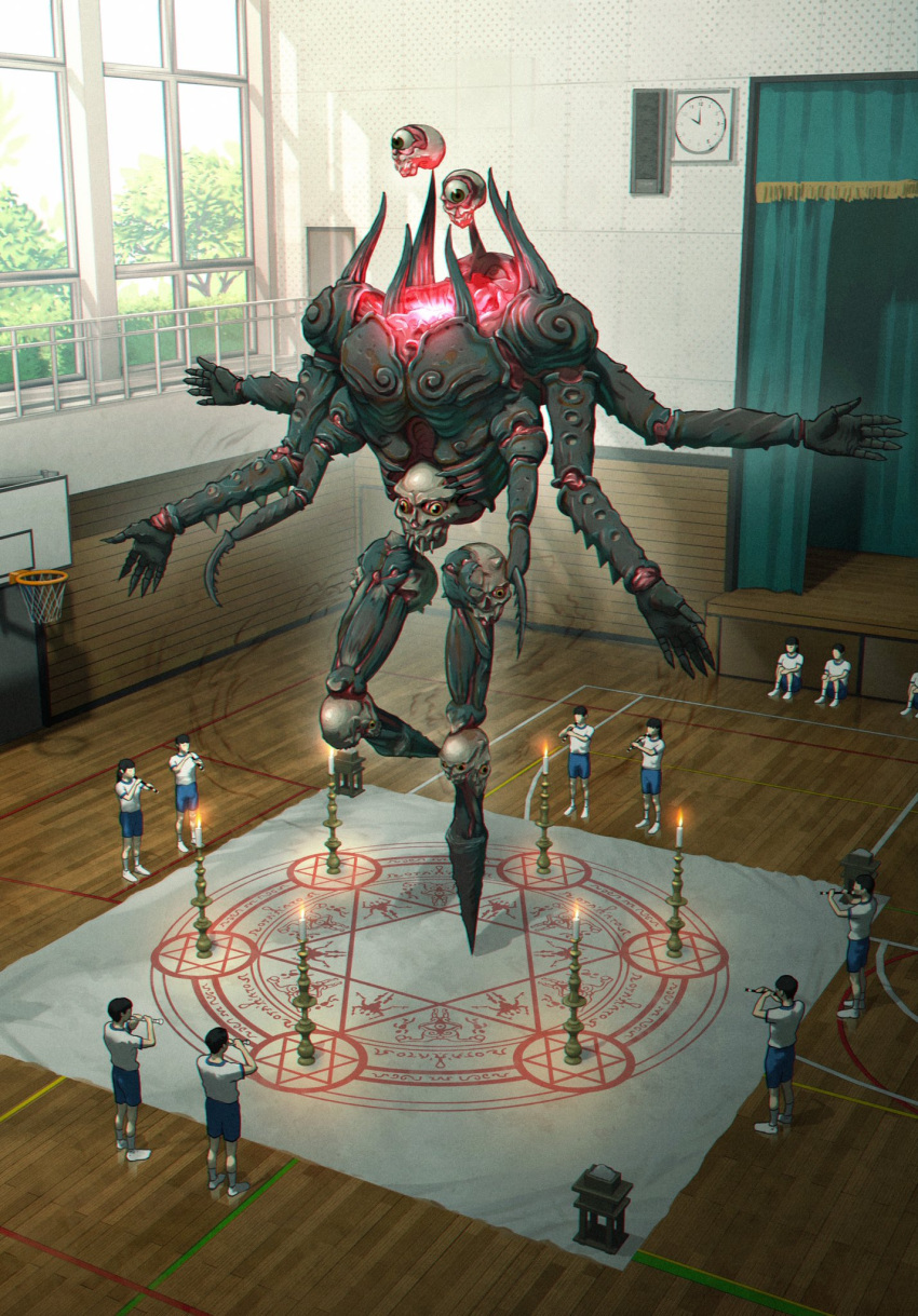 1other 6+boys basketball_court candle candlestand commentary_request demon extra_arms faceless faceless_male floating flute glowing gym_uniform hexagram highres indoors instrument magic_circle male_focus monster multiple_boys music no_feet original playing_instrument runes sinsin08051 size_difference skull solo_focus summoning