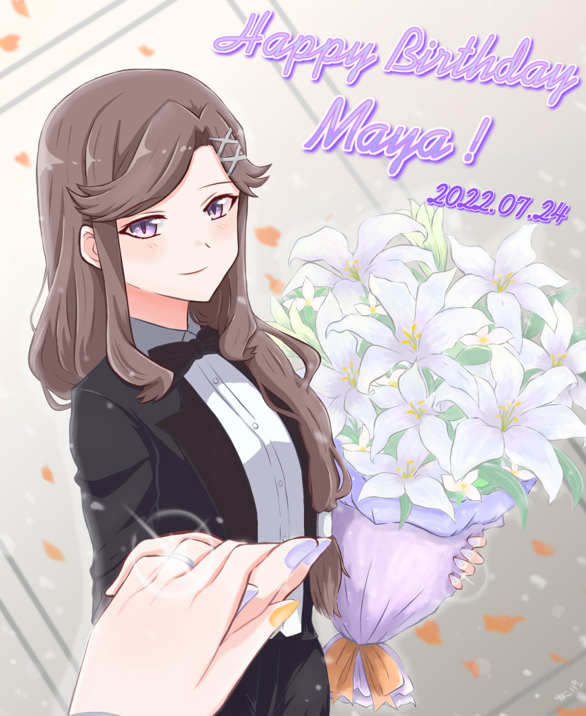 2girls bouquet bow bowtie brown_hair character_name chibinekopan dated english_text female_pov flower formal happy_birthday highres holding holding_bouquet holding_hands indoors light_blush lily_(flower) long_hair multiple_girls nail_polish petals pov saijou_claudine shoujo_kageki_revue_starlight smile solo_focus suit tendou_maya violet_eyes wedding wife_and_wife yuri