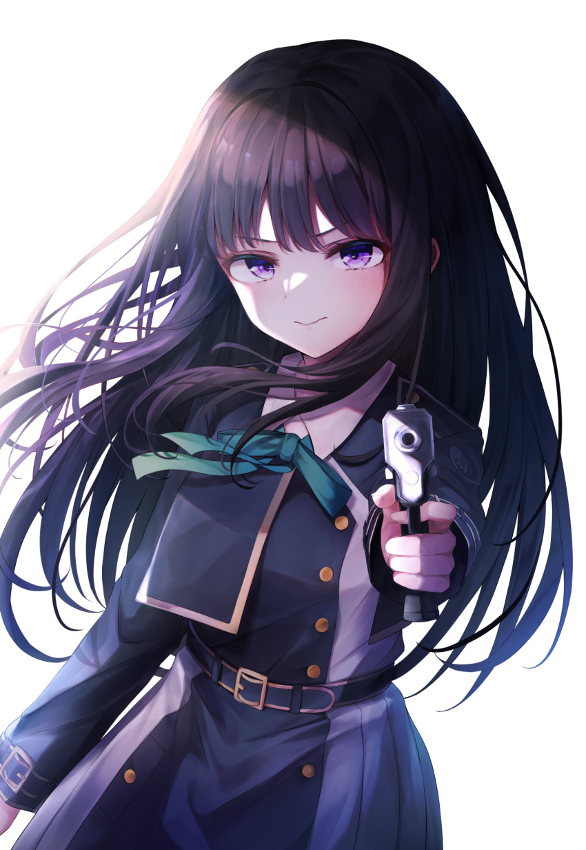 1girl black_hair closed_mouth commentary_request dress green_ribbon gun highres holding holding_gun holding_weapon inoue_takina long_hair long_sleeves looking_at_viewer lycoris_recoil neck_ribbon pinafore_dress pointing pointing_at_viewer ribbon school_uniform shishou_(doragyurosu) simple_background solo upper_body violet_eyes weapon white_background